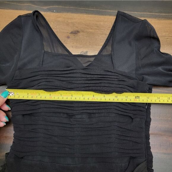 Sangria Fully Lined Black Midi Dress Square Neck V Back Ruffle 3/4 Sleeve Size 8 - Picture 10 of 11